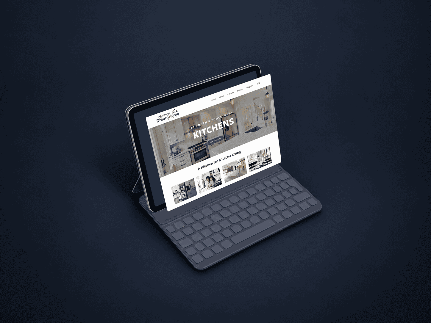 Tablet displaying Earid's portfolio website with kitchen designs.